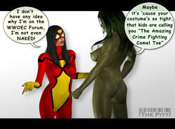 2girls 3d 3d_(artwork) ass avengers big_breasts black_hair breasts cameltoe clothed_female_nude_female dialogue english_text erect_nipples_under_clothes female female_only green_hair green_skin hulk_(series) jessica_drew marvel marvel_comics multiple_girls nipple_bulge nipples nude_female pokies she-hulk speech_bubble spider-woman text the_pitt