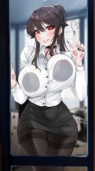 1girls against_glass akchu black_nails breasts breasts_on_glass brown_hair chobi_(akchu) female hi_res hips huge_breasts light-skinned_female light_skin nail_polish office_lady original original_character red_eyes thick_thighs thighs wide_hips