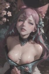 ahri ai_generated blue_eyes breasts breasts breasts_out cum cum_on_breasts cumshot cumshot_on_face facial league_of_legends looking_at_viewer pink_hair showing_breasts spirit_blossom_ahri spirit_blossom_series