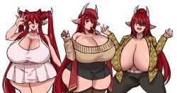 1girls big_breasts blue_eyes blush character_request cleavage clothing cow_ears cow_girl cow_horns eyepatch female female_only hair_on_horn hi_res horns huge_breasts inner_sideboob jojoniumart long_hair looking_at_viewer multiple_views red_hair smiling smiling_at_viewer solo thick_thighs very_long_hair white_background wide_hips wink winking_at_viewer