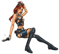 1990s 1999 1girls 20th_century abs female female_only fit fit_female goggles goggles_on_head lightsaber mara_jade mara_jade_skywalker miravi nipple_slip red_hair simple_background solo star_wars tagme torn_clothes white_background