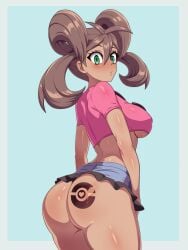 1girls aged_up alternate_breast_size ass ass_tattoo big_ass big_breasts breasts brown_hair brown_skin bubble_butt dark-skinned_female dat_ass female game_freak green_eyes hi_res large_ass large_breasts long_hair ludinsketches nintendo no_panties pokemon pokemon_xy shauna_(pokemon) short_skirt skirt solo tattoo thighs