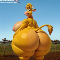 ai_generated anthro bovine cattle disney female female_only furry grace_(home_on_the_range) home_on_the_range hyper_thighs large_ass large_breasts looking_at_viewer looking_back matronai_(artist) smile