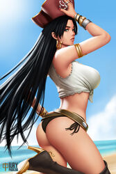 ass beach belt big_breasts black_hair black_panties black_thong blue_eyes boa_hancock bracelet bracelets breasts brown_belt clothed clothing clouds earrings female female_only from_behind from_side hands_on_hips heels high_heels human iury_padilha jewelry long_hair ocean one_piece panties pirate pirate_hat ring sand solo tank_top thong water white_clothing white_shirt white_top