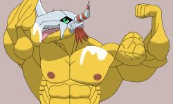 abs armor bandai_namco bodily_fluids cum cum_on_arm cum_on_biceps cum_on_chest cum_on_own_chest cum_on_self digimon digimon_(species) erect_nipples flexing flexing_bicep flexing_both_biceps genital_fluids green_eyes hair headgear headgear_only helmet helmet_only hi_res horn humanoid licking licking_arm licking_cum licking_own_cum male male_only nipples no_visible_genitalia non-human nude nude_male pecs red_hair secromon self_lick sharp_teeth solo teeth tongue tongue_out vein veiny_muscles wargreymon yellow_body