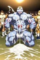 ai_generated anthro bukkake covered_in_cum crowd crowd_watching cum cum_on_face cumshot excessive_cum furrypornaddiction gay huge_cock kneeling machoke male male/male male_only muscular muscular_male penis pokemon