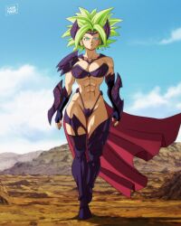 1girls abs artist_signature big_breasts bikini_armor blue_eyes breasts cape cleavage dragon_ball dragon_ball_super female female_only female_saiyan green_hair hi_res kefla legendary_super_saiyan light-skinned_female muscular muscular_female outside rocks saiyan salvamakoto sky solo spiky_hair super_saiyan super_saiyan_2 thong universe_6_saiyan/universe_7_saiyan