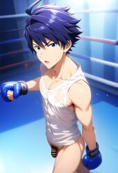 1boy abs ai_generated blue_hair bottomless hatopo005 idolmaster idolmaster_side-m male_focus male_only muscle penis solo_focus sweat taiga_takeru tank_top