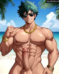 1boy abs ai_generated balls ballsack beach biceps big_balls big_penis big_testicles blush boku_no_hero_academia bracelet buff bulge chest clouds cock deku dick erect erect_penis erection gold gold_(metal) gold_bracelet gold_chain gold_jewelry gold_necklace green_hair happy huge_cock huge_testicles izuku_midoriya jewerly large_penis large_testicles long_penis male male_focus male_only muscle muscle_tone muscles muscular muscular_arms muscular_legs muscular_male muscular_thighs my_hero_academia naked naked_male neck_chain necklace nipples no_clothes no_clothing nude nude_male nudity ocean pecs penis sea seaside shorts six_pack sky solo solo_focus solo_male strong sunglasses sweat sweatdrop sweating sweaty sweaty_body testicles thick_penis vanilladuck water