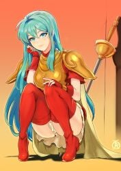 1girls aqua_eyes aqua_hair armor blue_eyes blue_hair blush boots breastplate breasts cape clothed earrings eirika_(fire_emblem) female fingerless_gloves fire_emblem fire_emblem:_the_sacred_stones glint gloves highres jewelry light-skinned_female light_skin long_hair looking_at_viewer medium_breasts miniskirt nintendo panties rapier red_footwear red_shirt red_thighhighs revolverwingstudios shadow shirt short_sleeves signature skirt smile solo squatting sword thigh_boots thighhighs weapon yellow_cape