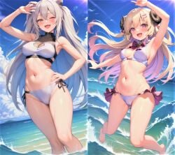 ai_generated blonde blonde_hair hololive lion lion_ears lion_girl ribbon sea seaside sheep sheep_girl sheep_horns shishiro_botan standing tagme tsunomaki_watame virtual_youtuber white_bikini white_hair