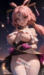 1girls ai_generated big_breasts blush censored censored_pussy constellation cortezian_generations dress female forehead_jewel fu_xuan_(honkai:_star_rail) gloves gold_eyes hair_ornament hairbow hi_res honkai:_star_rail honkai_(series) lifted_by_self lifted_dress long_hair low_twintails night_sky patreon pink_hair smile solo stars stockings suspenders tassel thick_thighs thighs twintails uncensored_version_available underboob young