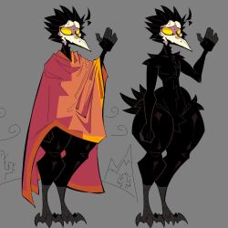 alternate_costume anthro avian_feet bandaid_on_nose belly_fluff black_fur blanket character_sheet chest_fluff crotch_tuft crow fat_ass hip_tuft huge_thighs naked poncho small_tail talons thick_thighs v_(xexeezy) white_beak wide_hips xexeezy yellow_eyes