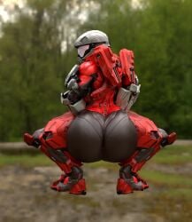 caked_up halo_(series) kiyon-k049_(solgain) looking_at_viewer looking_back male_only oc qzk_forte red_armor red_helmet spartan_(halo) spartan_iv_(halo) squatting thick_thighs twerking white_arms white_helmet