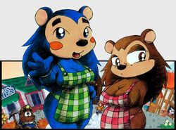 alternate_breast_size animal_crossing apron brothers_grinn casual casual_nudity mabel_able mole_(animal) mr_resetti nintendo outdoors outerwear public public_nudity sable_able straight_hair tom_nook