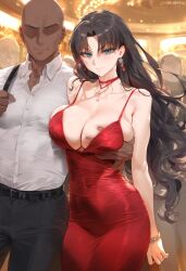 1girls ai_generated blue_eyes cleavage dark-skinned_male dress fancy_clothing fate/stay_night fate_(series) female groping_breasts tagme tohsaka_rin