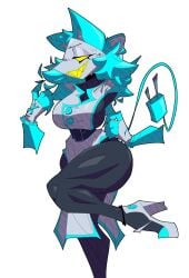 athletic_female blue cat_ears deltarune deltarune_chapter_2 fit_female floating_hands hair heels muscular_thighs no_arms plug_tail sharp_claws sharp_teeth tasque_manager_(deltarune) thick_thighs xexeezy yellow_eyes yellow_teeth