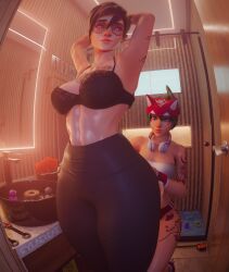 2girls 3d abs armpits arms_behind_head arms_up athletic clothing female female_only fit_female hand_on_ass indoors kiriko_(overwatch) leather_legwear leggings light-skinned_female overwatch overwatch_2 queen_of_hearts short_hair sitting standing sylaellas tattoo tattoos thick_thighs tracer wide_hips