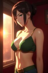 ai_generated artist_request bangs belt belt_buckle dark_hair female green_bra green_shorts hair_bun hair_tied illustration interior_background interior_scene kimi_no_na_wa kimi_no_na_wa. looking_away miyamizu_mitsuha sole_female sunset window your_name