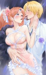 1boy 1girls 3_eyes auburn_hair big_breasts blonde_hair blue_eyes blush brown_hair candydan2 charlotte_pudding chocolate cleavage dress eye_contact facial_hair female flower_in_hair formal frills garter gloves goatee hair_ornament hair_over_one_eye light_brown_hair long_hair looking_at_another male multi_eye one_piece post-timeskip ritayaart1 strawberry_blonde_hair suit twintails vinsmoke_sanji