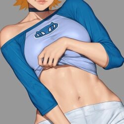 1girls abs artist_request chest_focus female gwen_tennyson orange_hair small_breasts tagme_(artist) teasing teasing_viewer