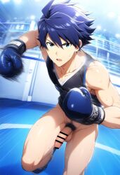 1boy abs ai_generated blue_hair bottomless hatopo005 idolmaster idolmaster_side-m male_focus male_only muscle penis solo_focus sweat taiga_takeru tank_top