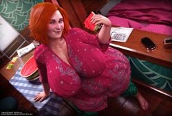 1girls 3d big_ass big_breasts blush curvy emerald_eyes female female_only freckles huge_ass huge_breasts milf orange_hair original original_character playstation_vita rasmus-the-owl redhead shannon_o'connell solo stretch_marks thick_thighs watermelon wide_hips