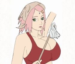 1girls alternate_breast_size big_breasts biggies00 boruto:_naruto_next_generations broom cleaning_rag color_edit female female_only green_eyes large_breasts naruto pink_hair sakura_haruno solo