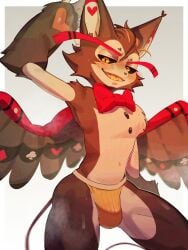 1boy anthro black_sclera blush bowtie bulge feline hazbin_hotel husk_(hazbin_hotel) jockstrap male male_focus male_only pu94_d1de4c sharp_teeth smiling steam sweat topless underwear underwear_only wings