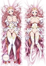 absurdres bed blue_eyes blush breast_hold breasts cleavage dakimakura_(medium) dress female female_focus full_body gloves grabbing grabbing_another's_breast highres kuroinu_~kedakaki_seijo_wa_hakudaku_ni_somaru~ large_breasts long_hair looking_at_viewer lying multiple_views nipples no_bra on_back on_bed panties pink_hair pink_panties prim_fiorire princess shiny_skin smile sweat underwear very_long_hair