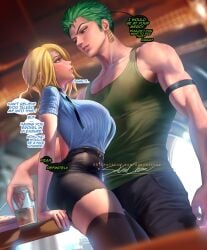 1boy 1girls against_table big_breasts black_pants black_thighhighs blonde_hair blue_eyes blush breasts buttons collared_shirt curly_eyebrows drink earrings female female_focus food genderswap_(mtf) green_hair green_tank_top hair_over_one_eye jewelry large_breasts lips looking_at_another male medium_hair muscular muscular_male one_piece open_mouth pants parted_lips roronoa_zoro rule_63 sakimichan shirt short_hair shorts straight sweatdrop tank_top text thick_thighs thighhighs thighs underwear veins vinsmoke_sanji zettai_ryouiki