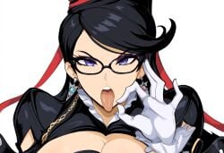 1girls ai_generated bayonetta bayonetta_(character) cleavage facing_viewer fellatio_gesture female inviting_to_sex large_breasts looking_at_viewer mullon novelai open_mouth solo suggestive suggestive_gesture tongue