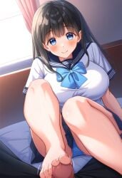 ai_generated akebi-chan_no_serafuku akebi_komichi black_hair blue_eyes feet female footjob large_breasts nai_diffusion penis serafuku