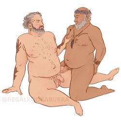 2boys 2males bara bara_tiddies bara_tits barazoku beard belly big_belly blush daddy dilf erection face_tattoo fang_(our_flag_means_death) fat fat_man gay grey_hair hairy_balls hairy_male looking_at_each_other looking_at_partner male_only moob_grab moobs old_man_yaoi older_male our_flag_means_death pec_grab pirate regalkookaburra studded_belt tattoos thick_thighs tummy wee_john_feeney