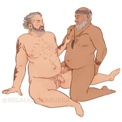 2boys bara bara_tiddies bara_tits barazoku beard belly big_belly blush daddy dilf erection face_tattoo fang_(our_flag_means_death) fat fat_man gay grey_hair hairy_balls hairy_male looking_at_each_other looking_at_partner male male_only moob_grab moobs old_man_yaoi older_male our_flag_means_death pec_grab pirate regalkookaburra studded_belt tattoos thick_thighs tummy wee_john_feeney