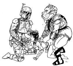 boba_fett gamorrean interspecies mandalorian miravi monochrome princess_leia_organa return_of_the_jedi star_wars