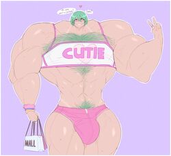 1boy bags blush bulge english_text extreme_muscles femboy green_eyes green_hair hairy_chest hairy_male heart hirsute hyper_muscles male male_only octoboy posing see-through_shirt short_shirt short_shorts small_head smile solo standing sweat talking_to_viewer tanline text v what wristband