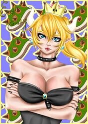 arms big_breasts black_dress black_nails blonde_hair blue_eyes bowsette breasts crossed_arms crown dragon dress erolady female female_focus female_only gender_transformation genderswap horn horns huge_breasts lips mario_(series) nails new_super_mario_bros._u_deluxe nintendo spiked_bracelet spiked_collar spikes teeth tight_clothes tight_dress