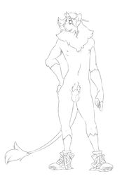 animal_genitalia anthro balls blush clothing edgar_(kyubun) feline footwear hand_on_hip hat kyubikun line_art lion male male_only mammal neck_tuft nipples nude pubes sheath shoes simple_background solo standing tuft