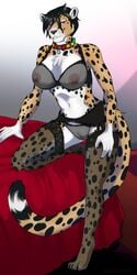 5_fingers anthro areola black_hair black_nose breasts cheetah clothing feline female fur hair kittentits mammal midriff navel nipples purple_eyes pussy smile solo spots spotted_fur translucent transparent_clothing