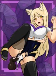 ahri ahri_a_walla alternate_costume amber_eyes blonde_hair clothing cum cum_in_pussy cum_inside digital_media_(artwork) glass heart heels horse horsecock jewelry k/da_ahri k/da_series large_breasts latex league_of_legends leggings riot_games tail