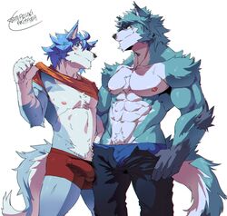 2018 abs absurd_res anthro biceps canine clothed clothing fur hi_res kemono male male_only mammal muscular muscular_male nipples tamazukiakiyama underwear undressing wolf