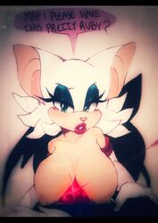 bat blue_eyeshadow breasts elbow_gloves infinite_(sonic) interspecies jackal nipples phantom_ruby pink_lipstick pov psychotiicx rouge_the_bat sonic_(series) sonic_forces straight talking_to_viewer teal_eyes thick_lips topless