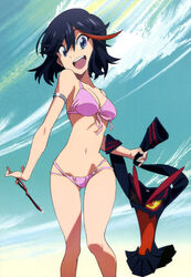 1girls :o absurdres amemiya_akira arm_band arms ass_visible_through_thighs bare_arms bare_legs bare_midriff bare_shoulders belly bikini bikini_top black_hair blue_eyes bra bracelet breasts cleavage clothes clothes_removed clothing edit excited female female_only happy hi_res high_res high_resolution highres holding holding_clothing hourglass_figure kill_la_kill legs life_fiber looking_at_viewer matoi_ryuuko midriff mouth_open multicolored_hair navel open_mouth pink_bikini pink_swimsuit red_hair senketsu short_hair skinny sky smile solo standing stockings swimsuit teeth thighs thin_waist tongue tongue_in_mouth two_tone_hair wide_hips