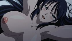 animated armpits black_hair blush bouncing_breasts breasts female grey_eyes implied_sex kotobuki_yuri large_breasts long_hair missionary nipples nozoki_ana nude screencap smile