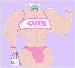 1boy bags blush bulge english_text extreme_muscles femboy green_eyes green_hair heart hyper_muscles male male_only octoboy posing see-through_shirt short_shirt short_shorts small_head smile solo standing sweat talking_to_viewer tanline text v what wristband