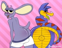 2018 anthro ass ass_cleavage backsack balls big_ears blush boxers_(clothing) butt_crack clothing dinosaur fangs horn invalid_tag kratts'_creatures looking_at_viewer looking_back male male_only nude open_mouth presenting purple_body reptile scalie sensit simple_background sweat tongue tongue_out ttark underwear whisperfoot zoboomafoo