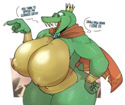 breasts cape chubby claws crown donkey_kong_(series) female gats gigantic_breasts green_eyes hand_on_hip inverted_nipples k_rool kremling nipples open_mouth plump rule_63 scalie sharp_teeth simple_background standing tail thick_thighs voluptuous wrist_cuffs wristband