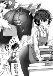 2023 2boys akira_kurusu alternate_version_available ass bent_over bent_over_table big_ass blush book books femboy glasses jeans joker_(persona) library male male_only monochrome persona persona_5 prprlo ren_amamiya twink yaoi