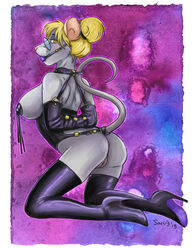 2018 anthro blonde_hair caribou_(artist) female hair kneeling mammal mouse pussy rodent simple_background solo